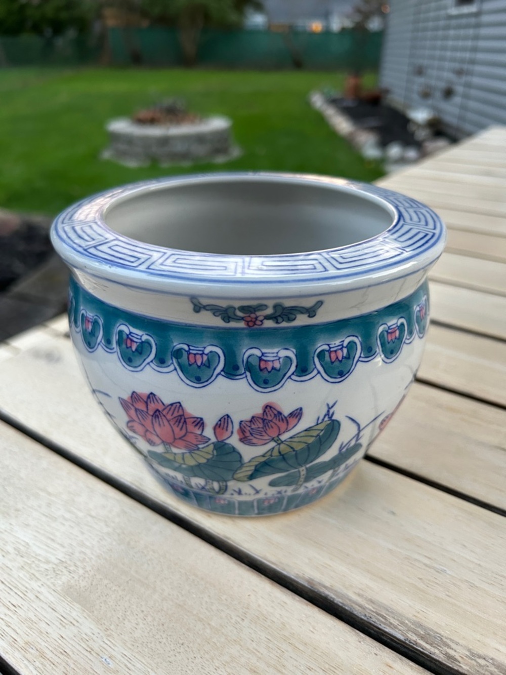 Vintage Blue & Green Chinoiserie Planter w/ Lotus Flower Design